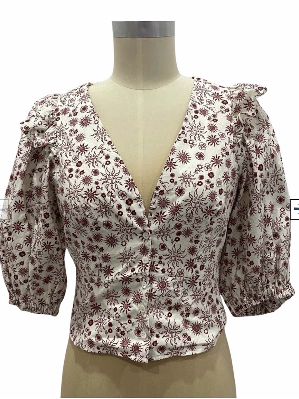 Sandro White Blouse with Burgundy Floral Print